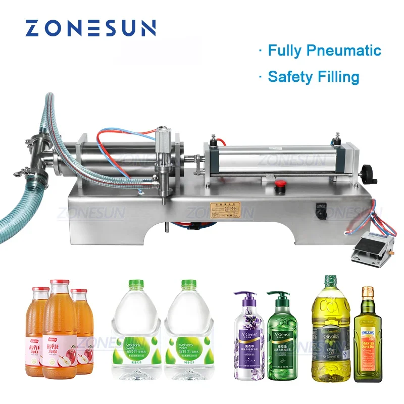 

ZONESUN Fully Pneumatic Liquid Filling Machine ZS-YT1 Piston Drink Milk Bottle Packaging Filler Cosmetics Beverages Production