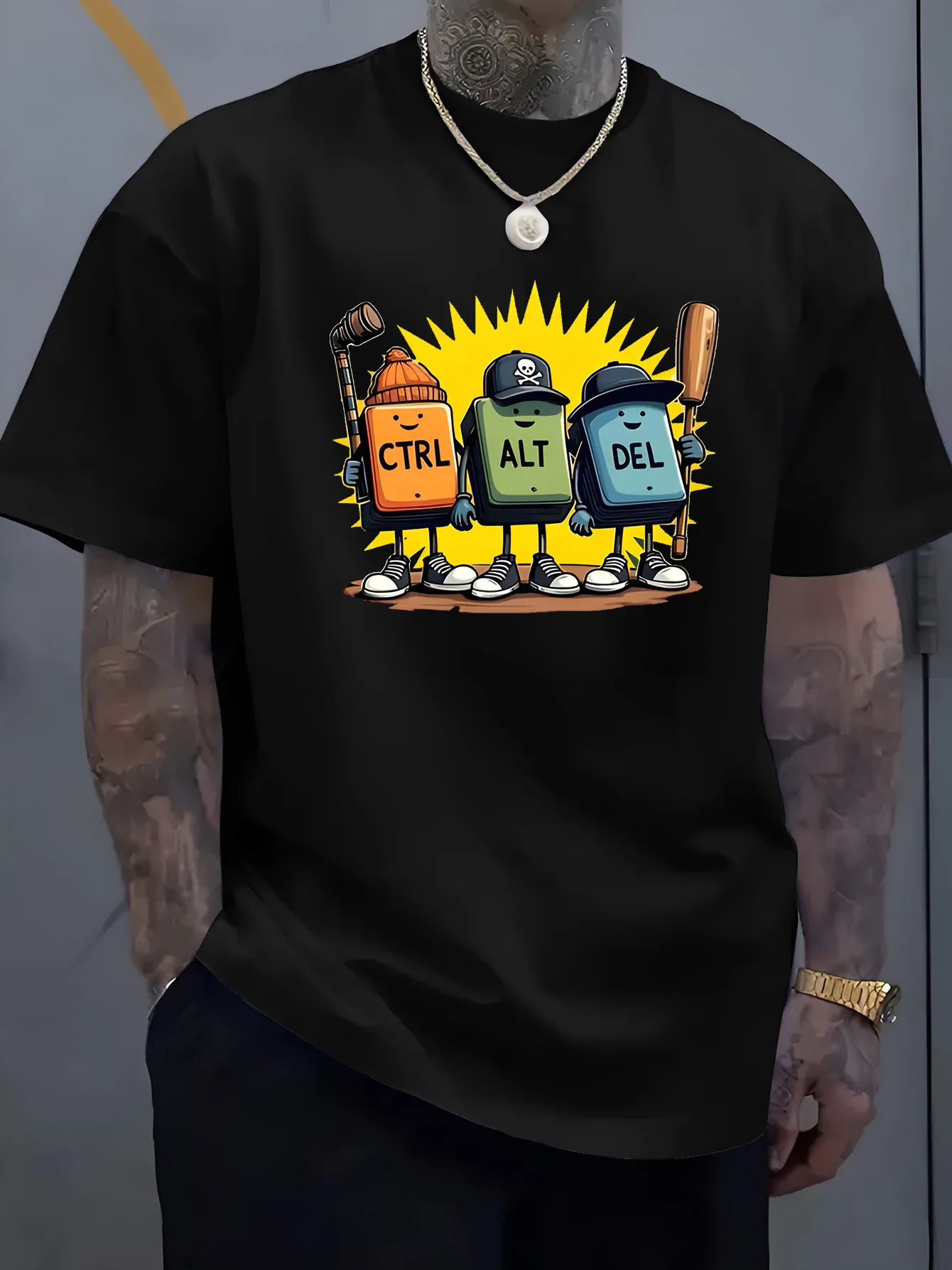 Mens Breathable Cotton T Shirt Funny Ctrl Alt Del Key Character Print O Neck Short Sleeve Loose Daily Outfit Top For Gamer Guys