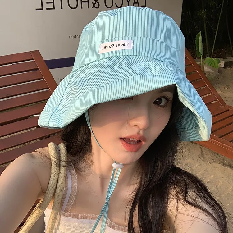 

Новая полосатая панама в японском стиле для женщин, летняя модная шляпа от солнца с широкими полями, большой размер головы, лестная рыбацкая шляпа