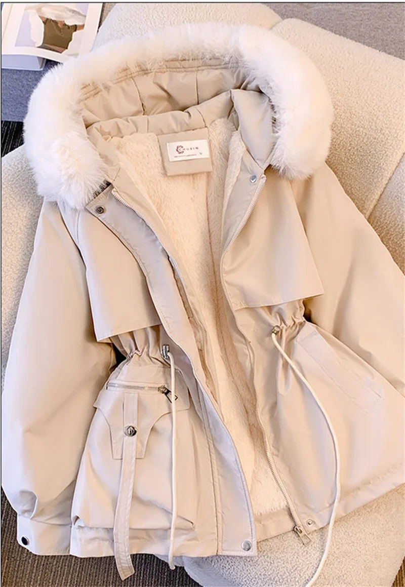 Parka à capuche avec col en fourrure pour femme, manteau long, veste mince, doublure en laine, vêtements de neige chauds, vêtements rembourrés, mode, hiver, nouveau, 2024