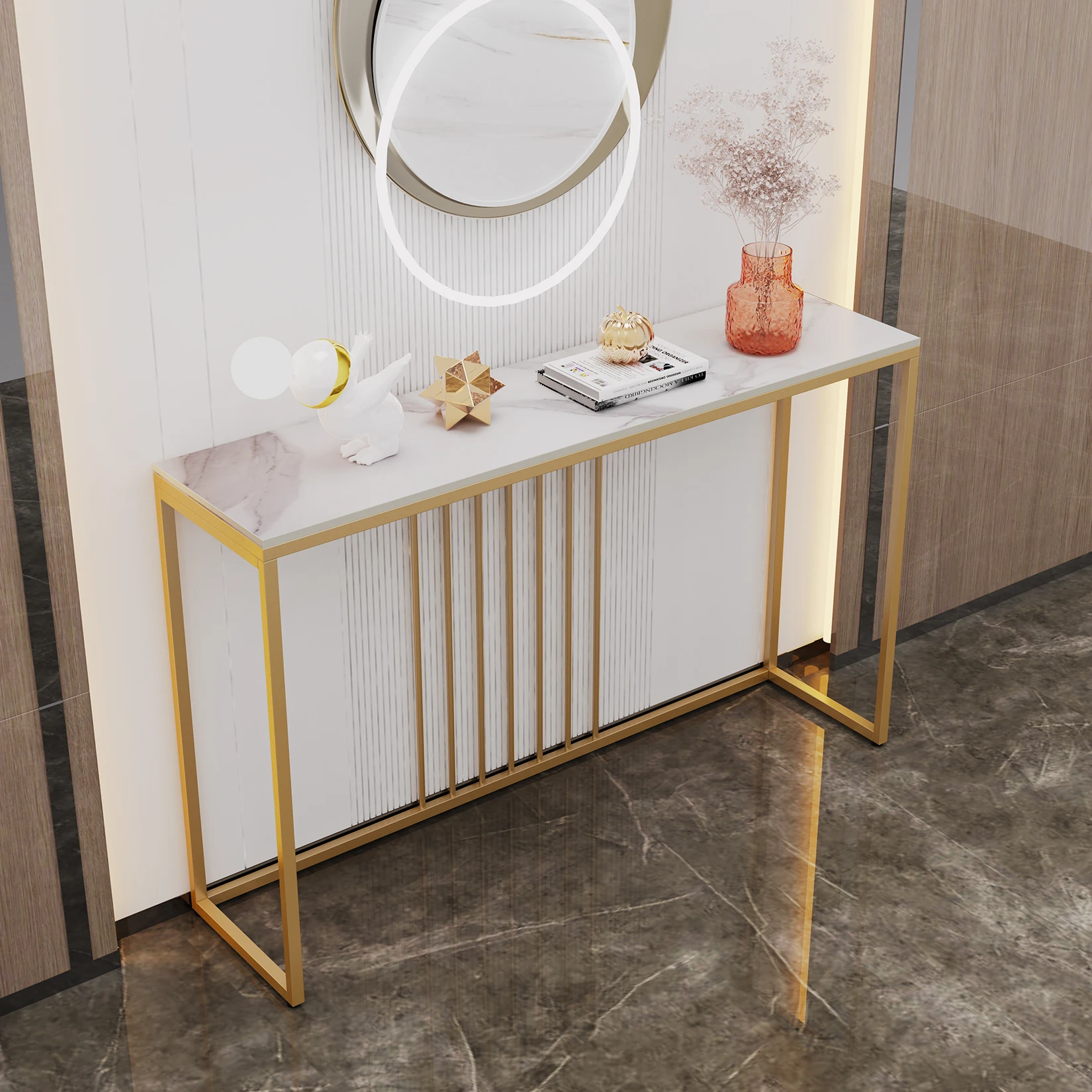 120CM Modern Marble Slim Narrow Console Table Hall Entrance Window Accent Table Art Decorative Metal Frame