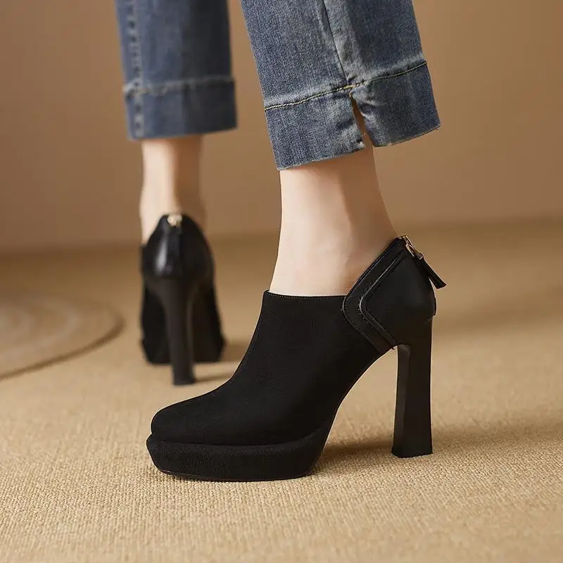 Women\'s Single Shoes Summer New Pointy Waterproof Platform Shallow High Heels Fashion Temperament Professional Leather Shoes