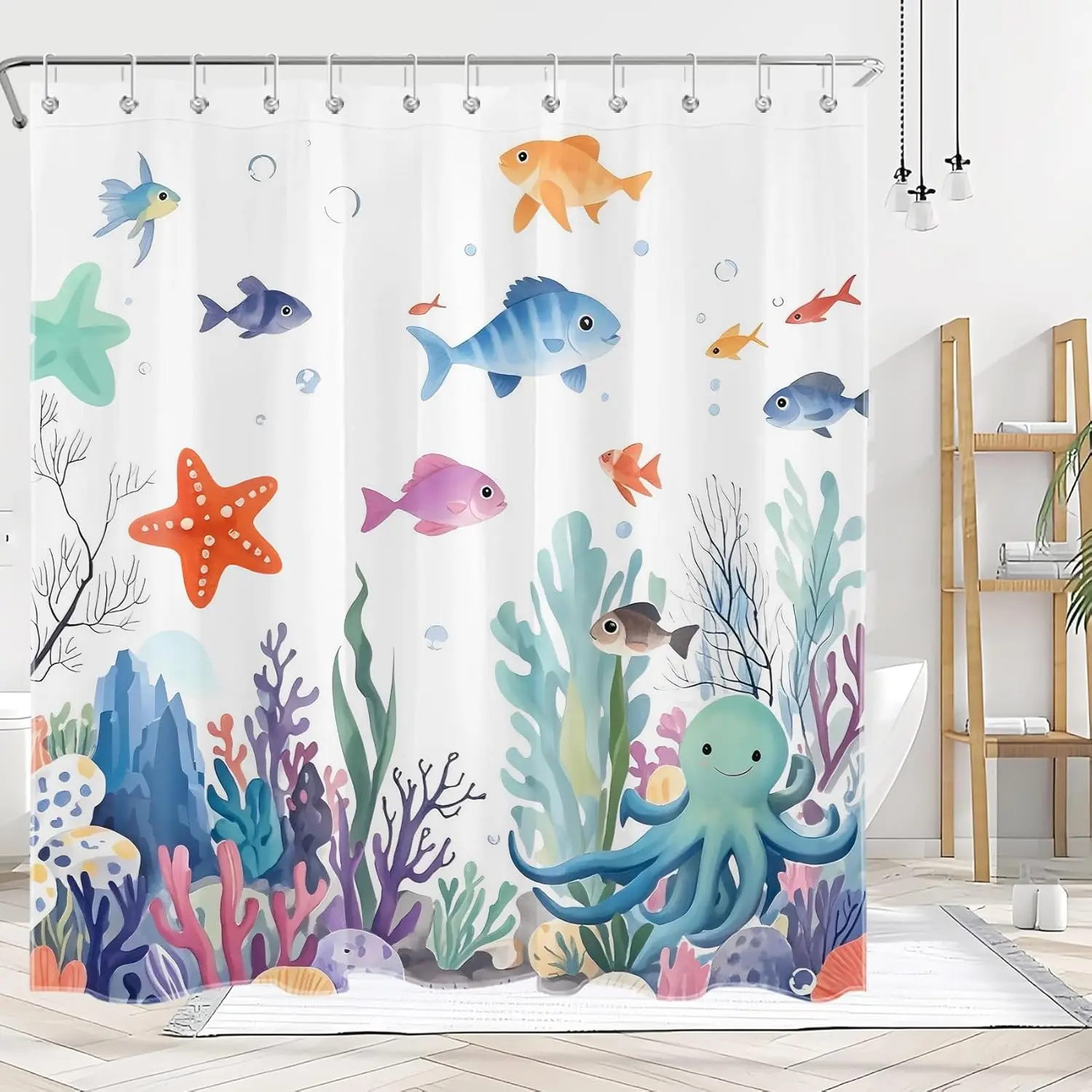 

Cute Ocean Shower Curtain for Kids Bathroom, Cartoon Colorful Fish Coral Octopus Underwater World White Shower Curtain Hooks