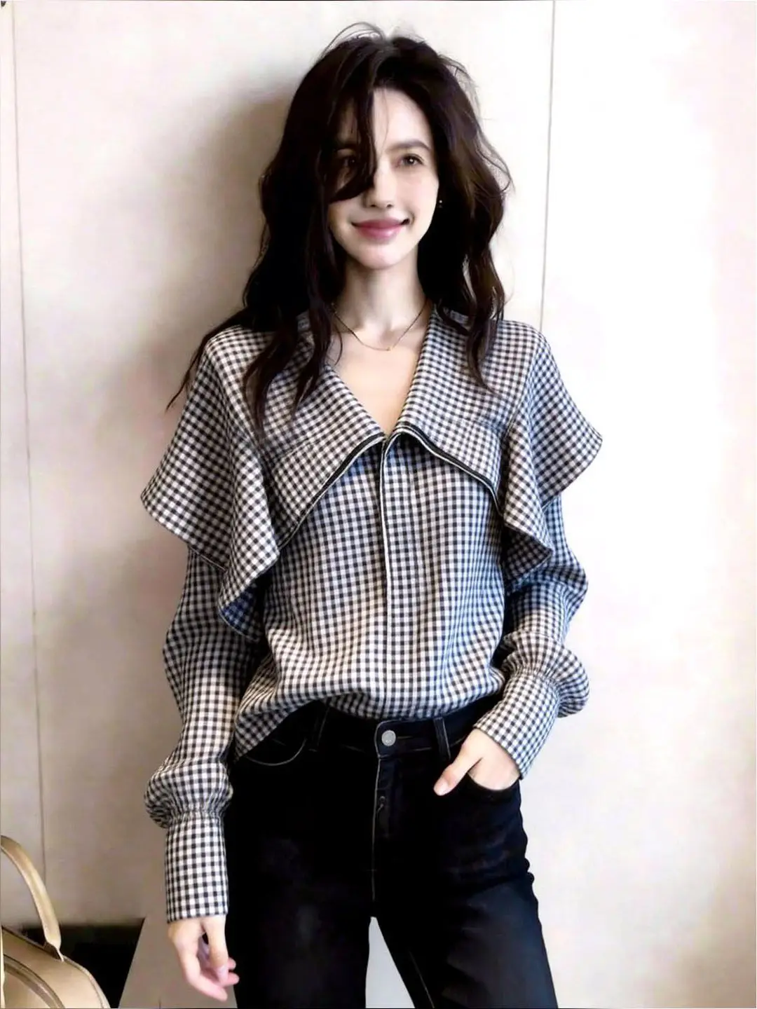 

plus Size Plaid Long Sleeve Shirt Women Loose Design Sensation Slimming Top French Style Splice Regular Thickness Casual Shirt