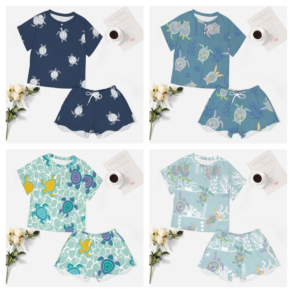 Sea Turtles Pattern Women's 2-Piece Button Down Short Sleeve Button Front Sleepwear Loungewear PJ Set Summer Home Suit