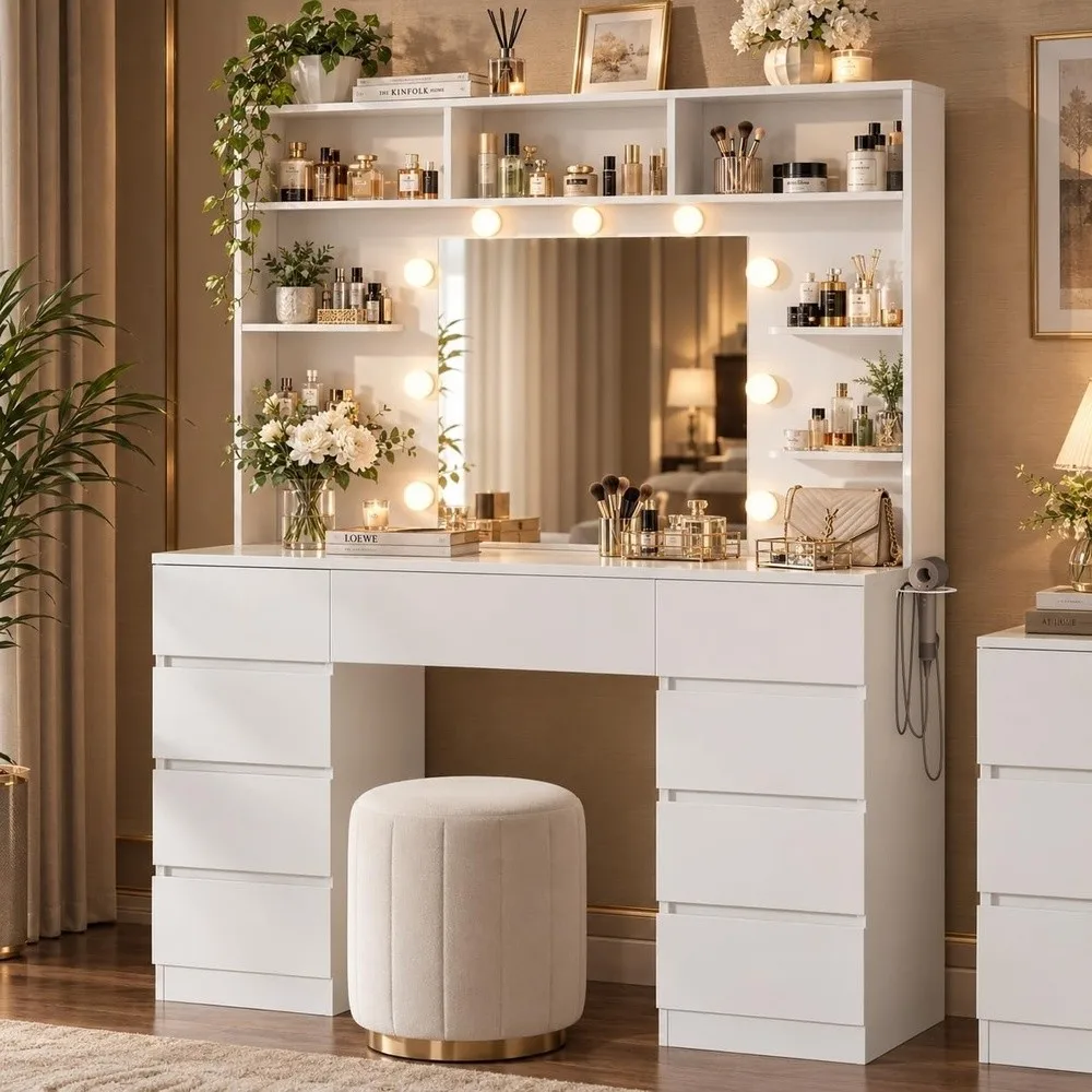 Vanity Desk with Mirror and Lights 43" Makeup Vanity Table with 9 Drawers and 7 Storage Shelves Power Outlet &