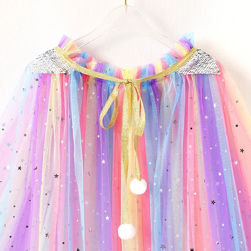 Girls Rainbow Sequin Princess Shawl Colorful Tulle Cape Cloak Child Fancy Dress Up Mantle Cosplay Halloween Costume Kids Clothes