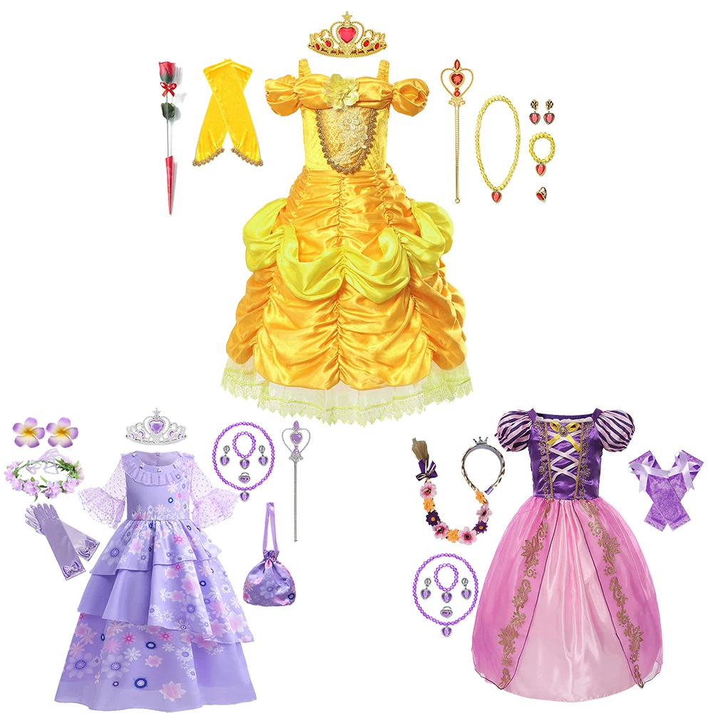 Disney Rapunzel Isabela Princess Cosplay Costume Belle Halloween Tulle Dresses Girls Chrismtas Party Clothing Dresses