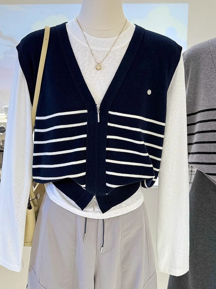 

plus Size Knitted Stripe Long Sve V-Ne Vest Top And Bot Set Women's Autumn Faion Commute Sle Button Detail Outerwear