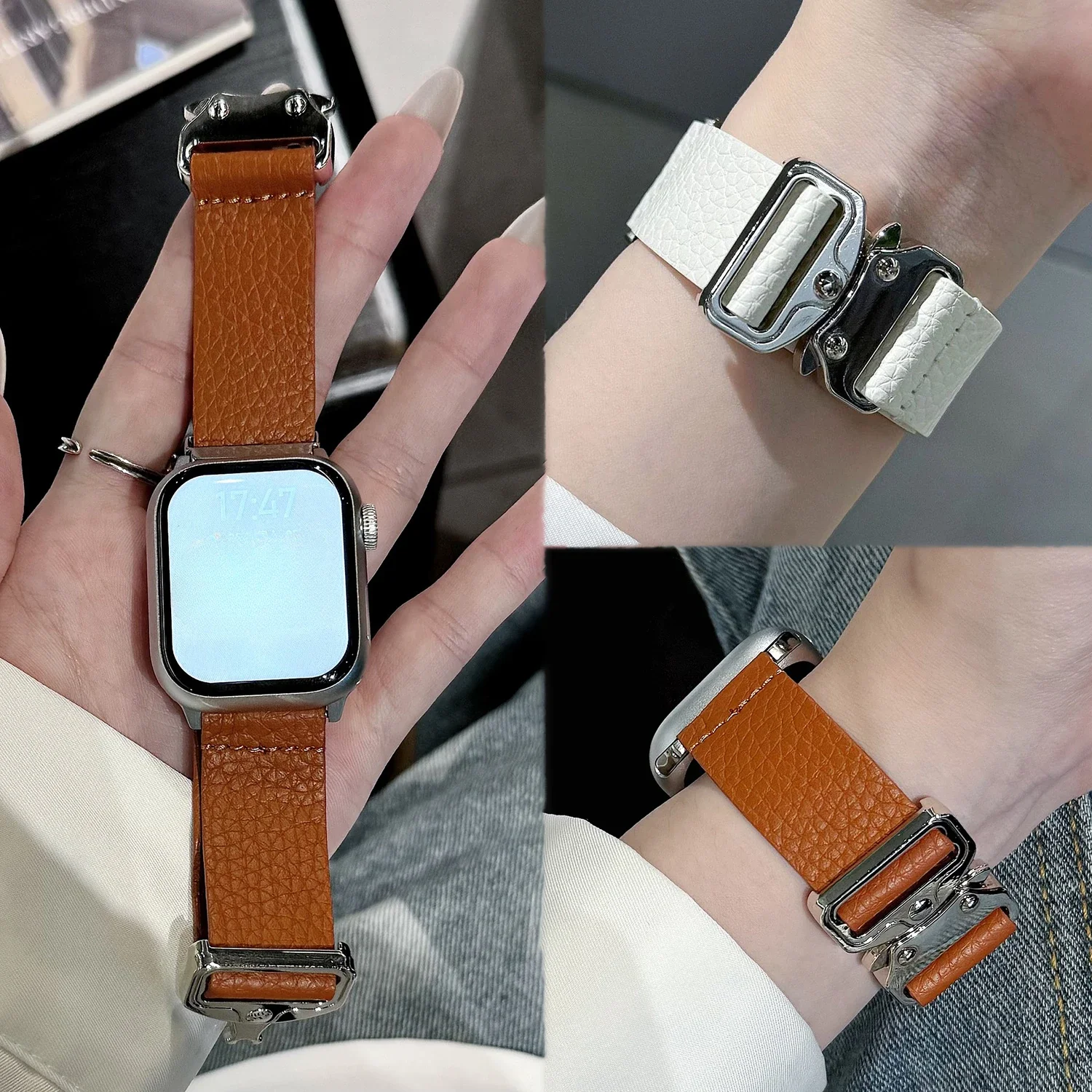 

Lychee Pattern Leather Strap For Apple Watch Ultra 49mm 46mm 45mm 42mm 41 Slim Band For iWatch Series 10 9 8 7 SE 6 5 4 Bracelet