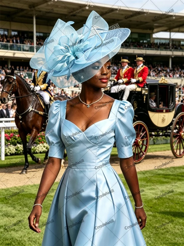

Light Blue Veils Big Kentucky Fascinator Hat Bride Wedding Women Ladies Race Headpiece Party Royal Ascot Millinery Mesh Chapeau