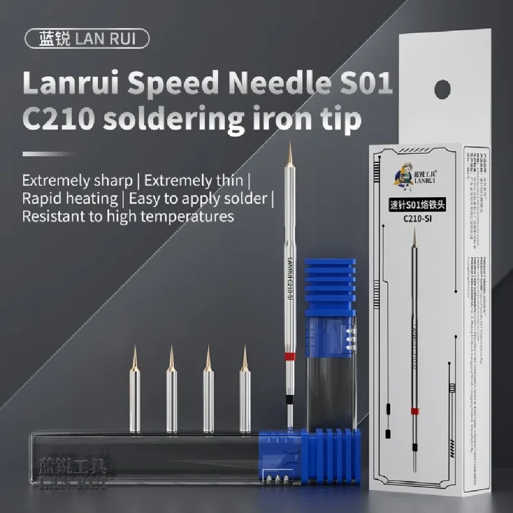 LANRUI C210-SI Interchangeable Soldering Iron Tips 50-200W 1 Tray 5 Pointed Tips for Mobile Phones Flying Wire Repair Tool Set