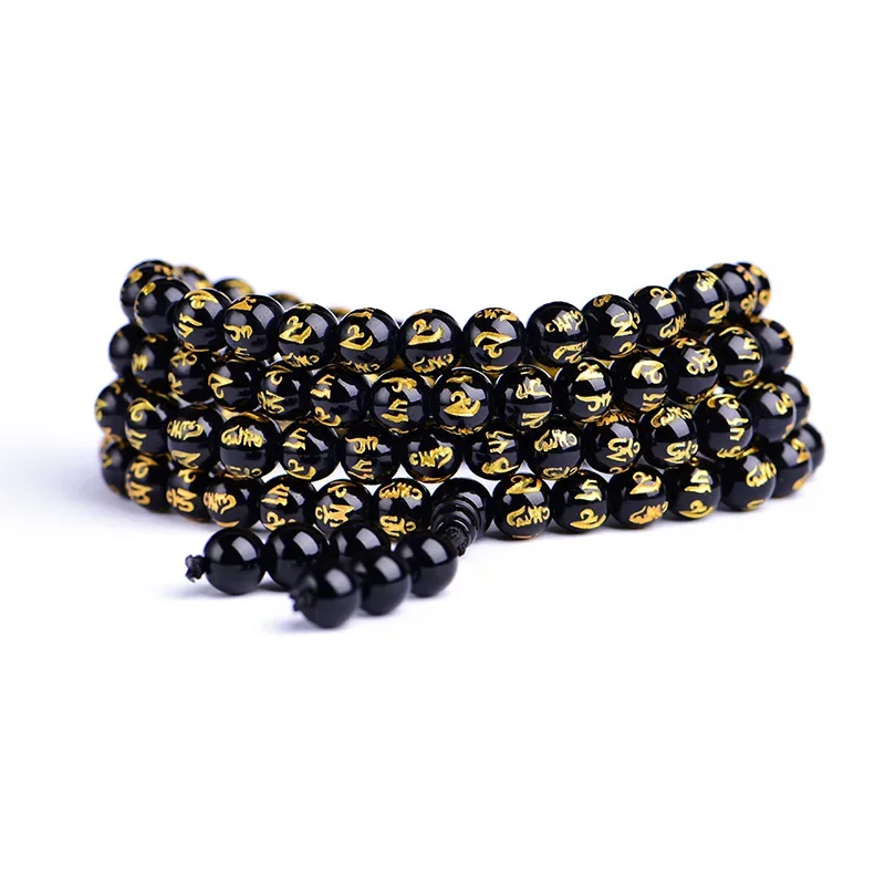 Natural Obsidian Six Words Bronzing 108 Beads Bracelet Fashion Jewelry With Many Layers Stretch Bracelets&Bangle For Men Women