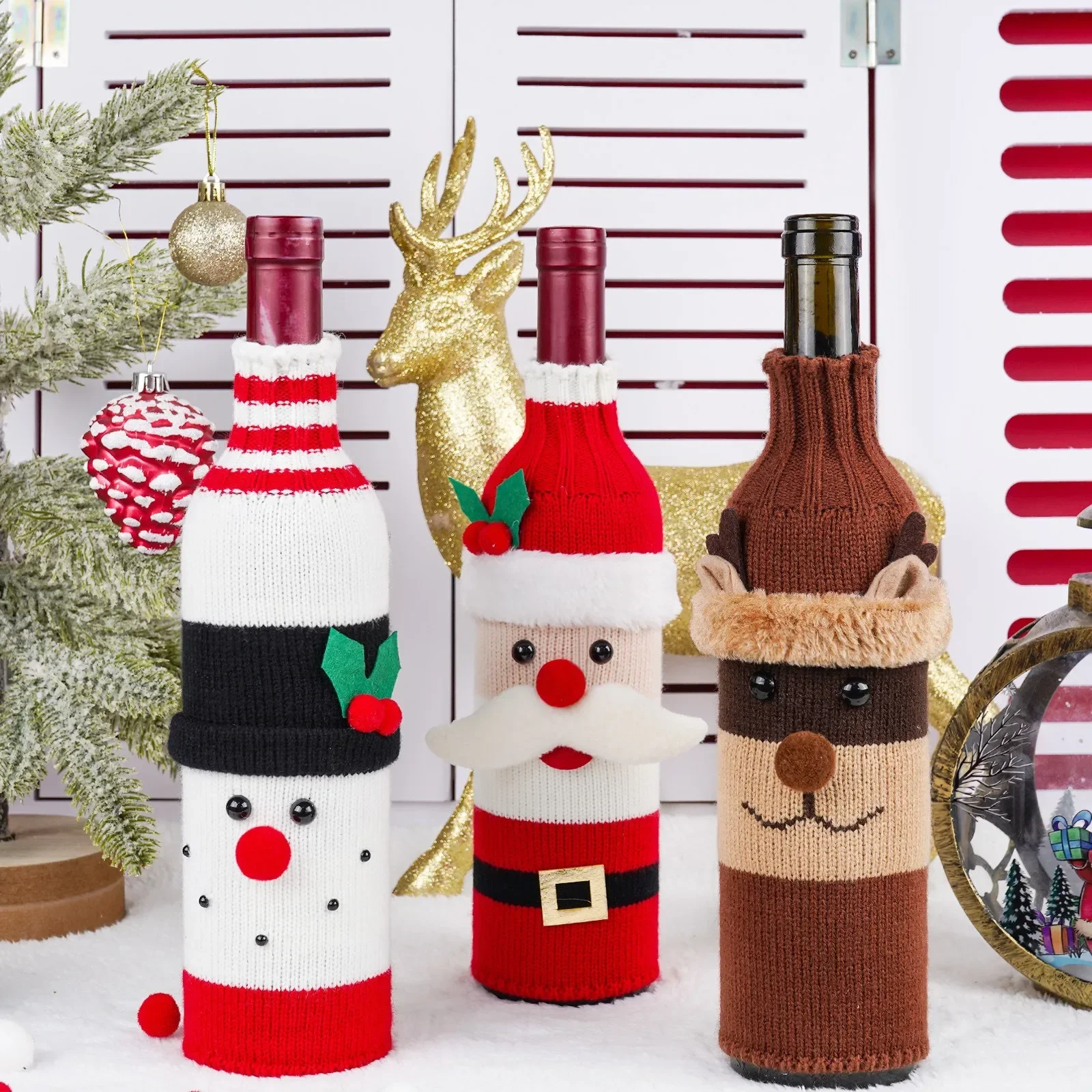 Cartoon Christmas Santa Claus Snowman Elk Knitted Wine Bottle Cover Xmas Ornaments Noel Natal Merry Christmas Bottle Cover