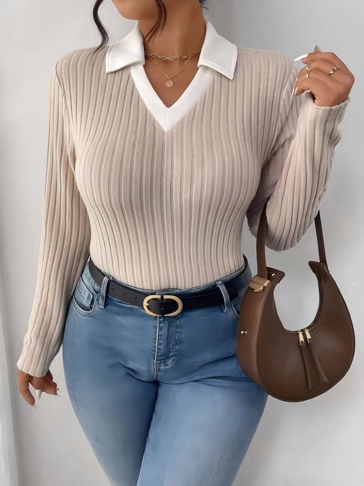 المرأة حجم كبير L-4XL عادية الخامس الرقبة طويلة الأكمام الحياكة سترة فضفاضة تي شيرت الرياضة في الهواء الطلق ملابس النساء المتضخم