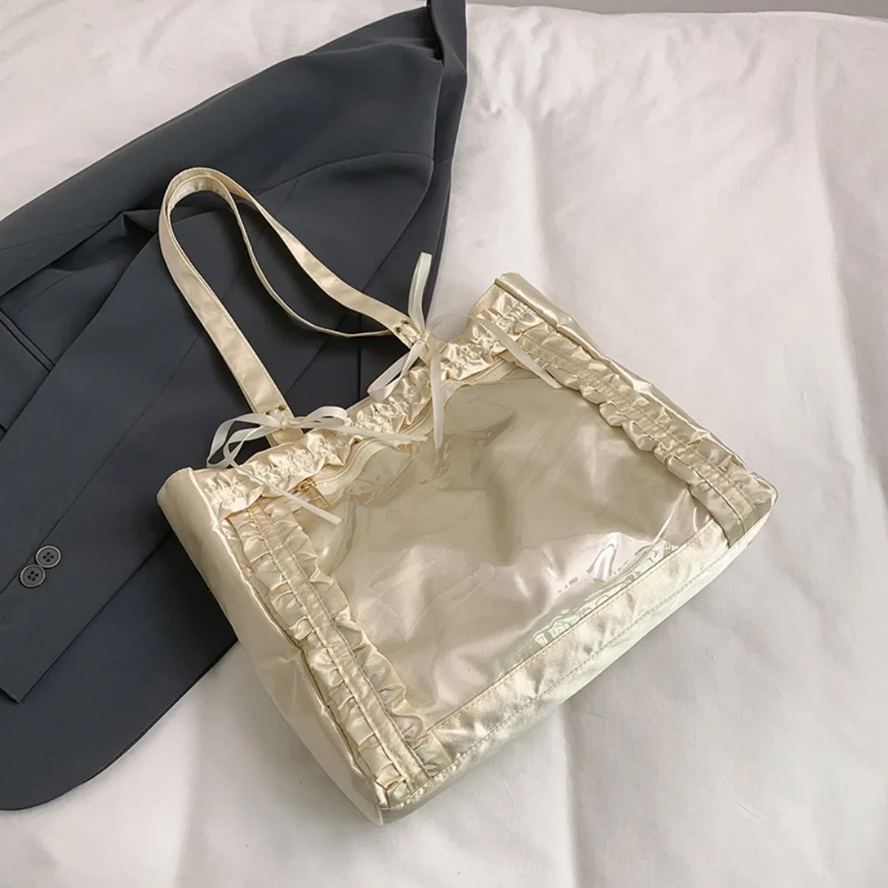 

Portable PVC Transparent Itabag Ruched JK Bow Tote Bag Large Capacity Korean Style Nylon Handbag Travel