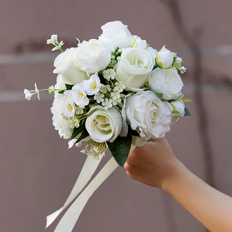 Yannew White Wedding Bouquets for Bride Bridesmaid Artificial Rose Peony Bridal Bouquet for Rustic Wedding Ceremony Decoration
