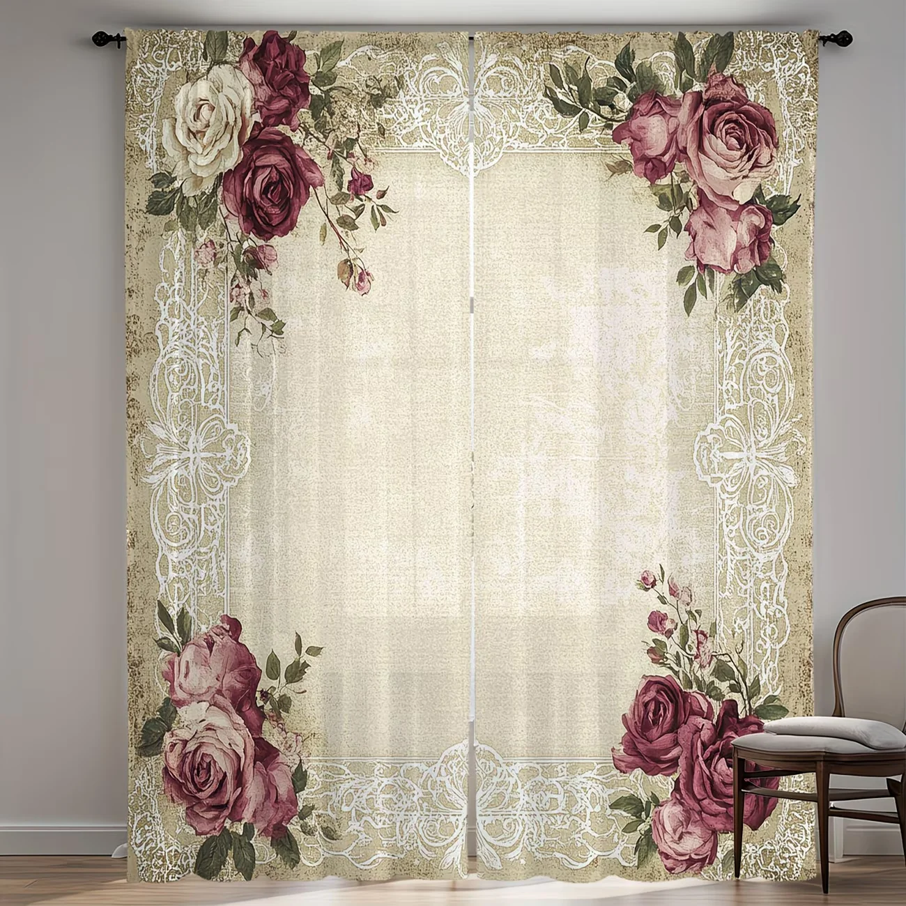 2Pcs Curtain Vintage Rose Window Drapes for Bedroom Living Room Decoration Window Treatment.