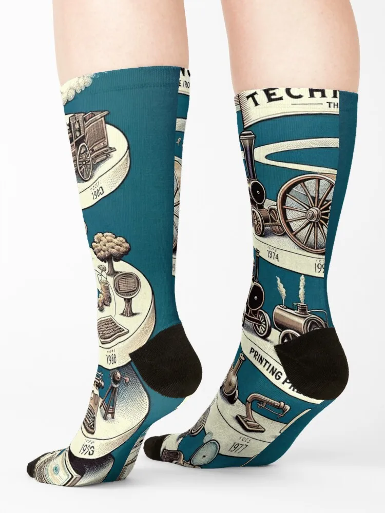 Tech Time Journey: From Wheel to Smartphone Socks cartoon kawaii basketball winter Male Socks Women's