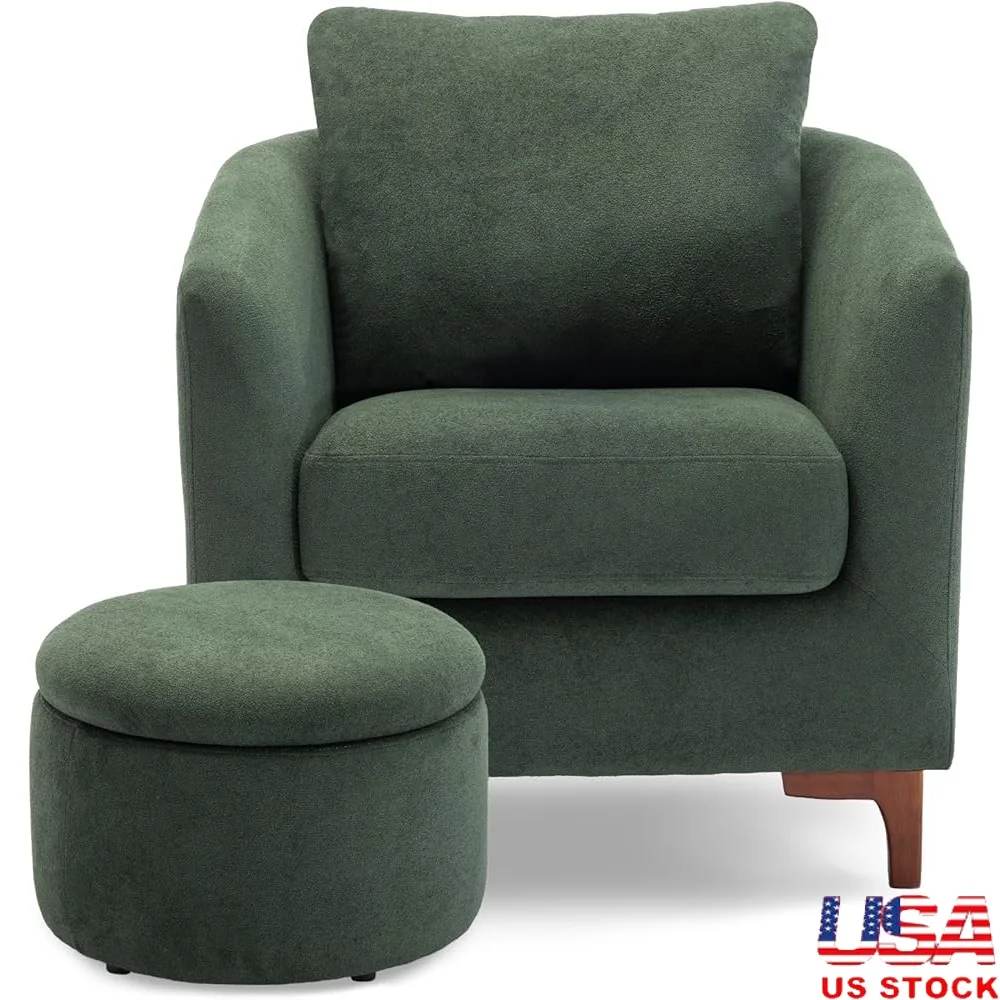 

Sherpa Accent Chair with Ottoman Set Upholstered Barrel Arm Chair Footrest Cozy Storage Living Room and Reading Space