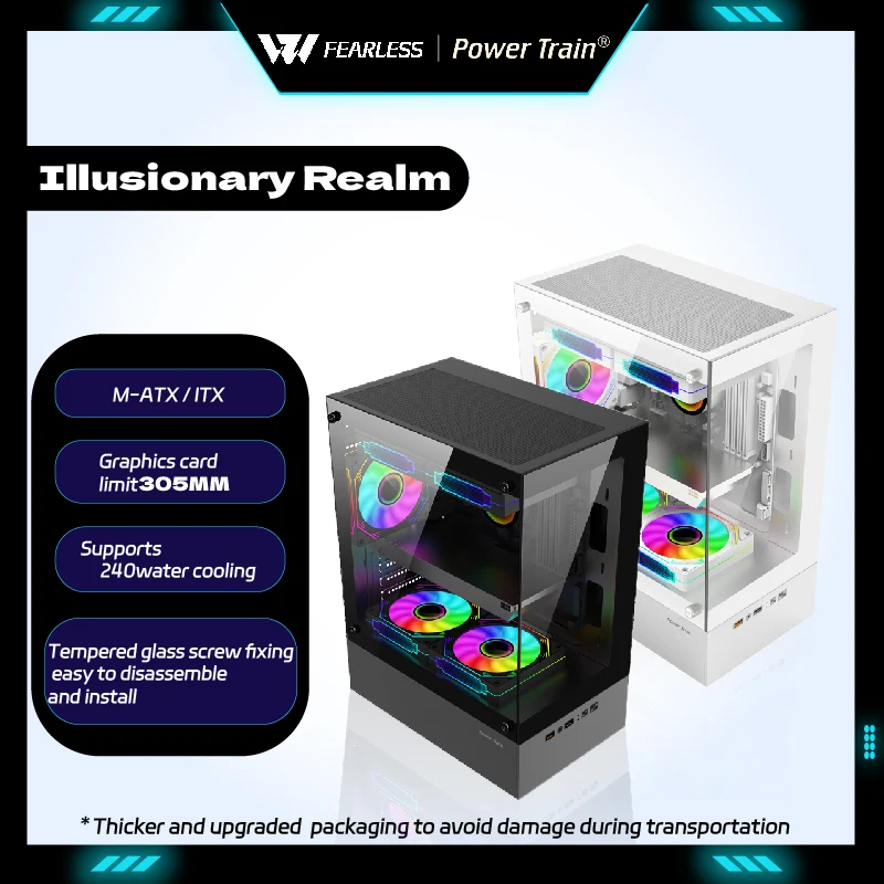 Power Train Illusionary Realm PC case M-ATX ITX Sea view Room Side Transparent Computer Case 240 Water Cooler gabinetes gamer