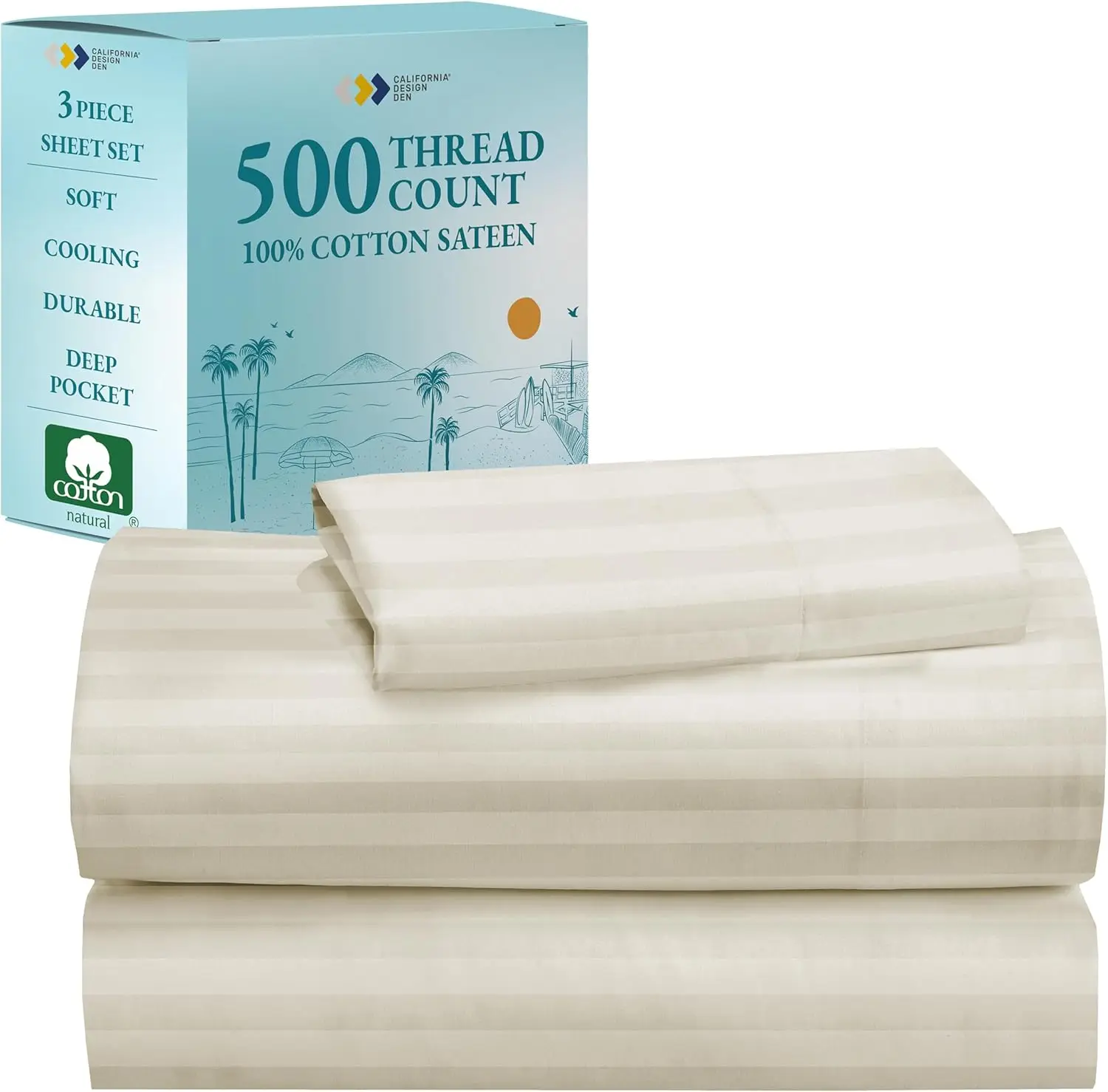 

3 Piece Twin Xl Size Sheet Set - 100% Cotton 500 Thread Count Sateen, Cooling Deep Pocket Bed Sheets With Fitted Elastic Sheet,