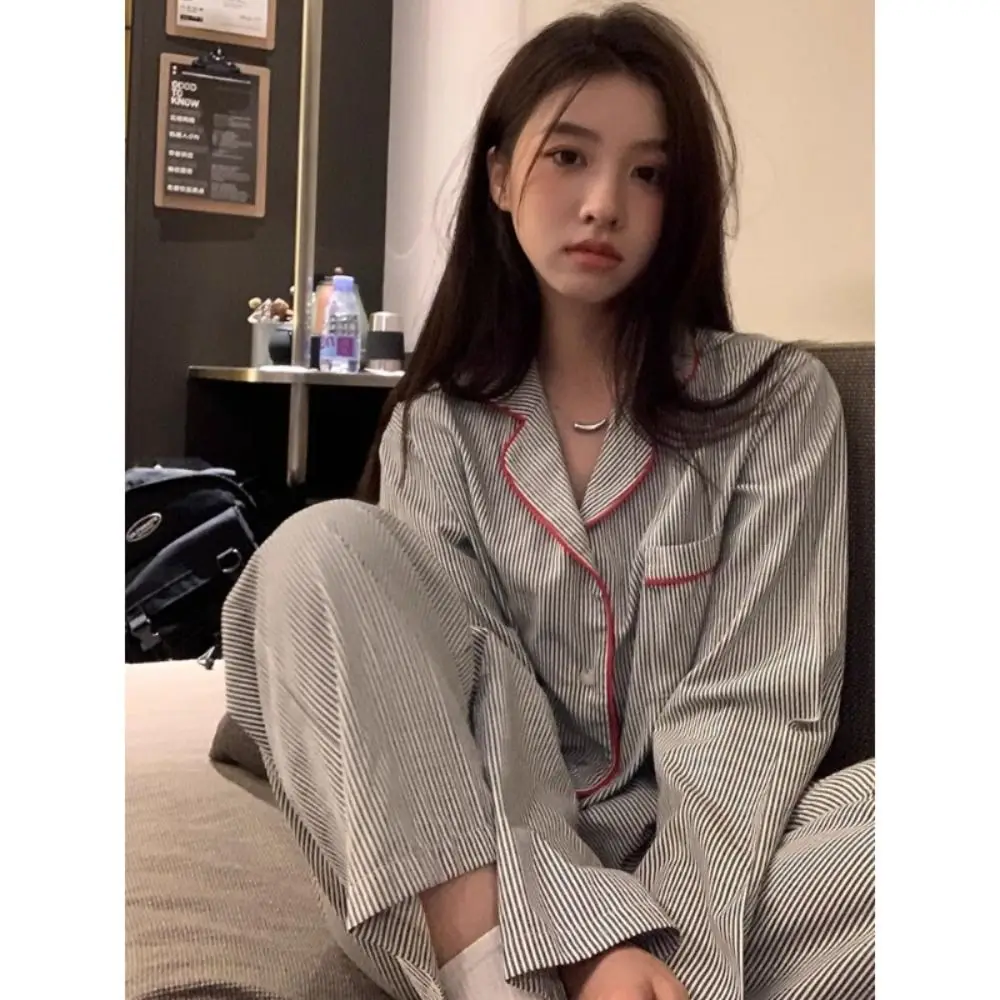 

Loose Grey Pajamas Set Long Sleeve Trousers Cardigan Style Sleepwear Set Grey Striped Homewear Set Student