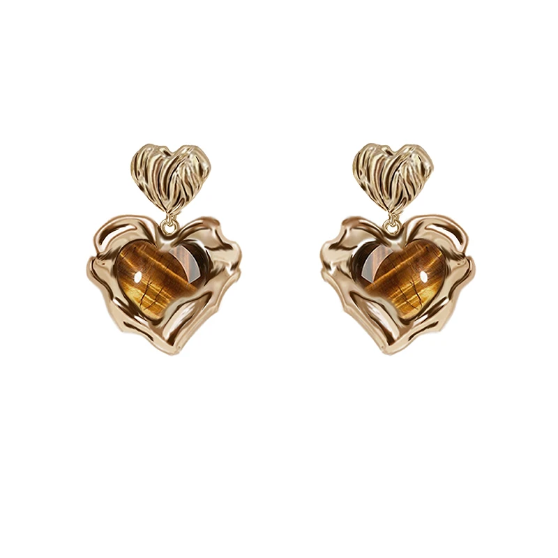 MASW Original Design Vintage Temperament Brown Stone Heart Dangle Earrings For Women Female Gift Fashion Jewelry