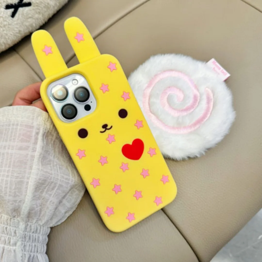 ثلاثية الأبعاد الأذن الطويلة أرنب صغير الأحمر القلب نمط جراب هاتف آيفون 11 12 13 14 15 16 E 17 برو ماكس لينة سيليكون غطاء مقاوم للصدمات