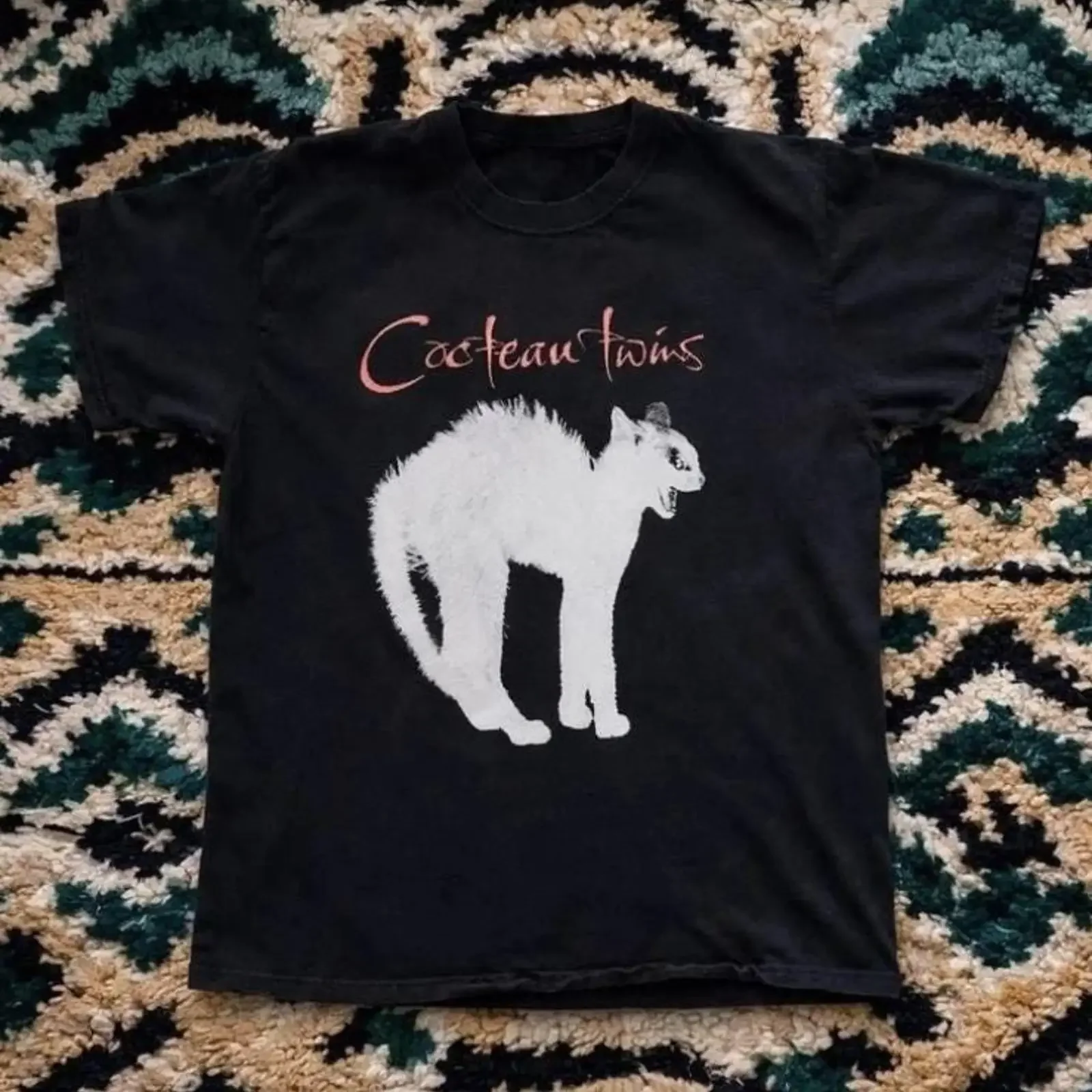Vintage Cocteau Twins Hissing Cat Print T Shirt 90s Shoegaze Band Casual Trendy Retro Top vintage Washed fashion Breathable