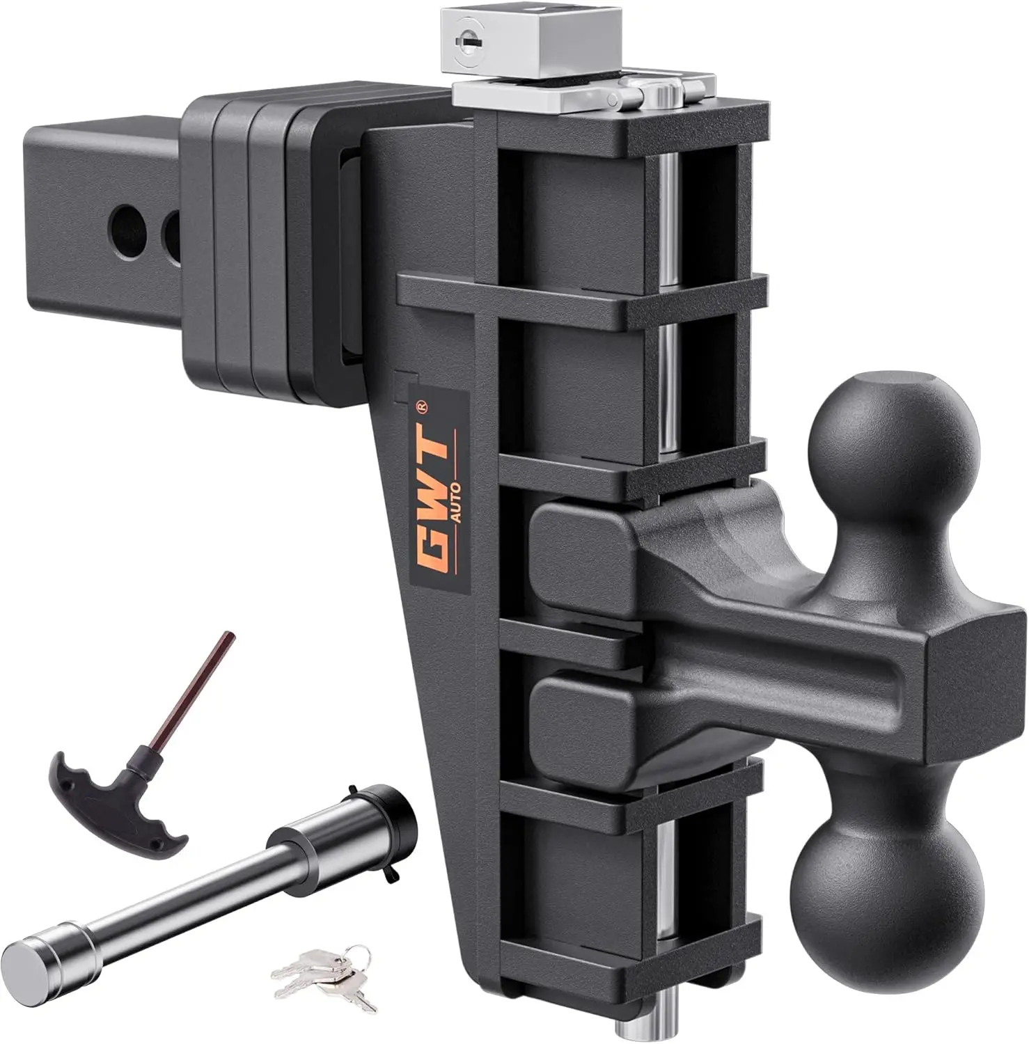 

Dual-Ball Adjustable Trailer Hitch, 2' & 2-5/16', Fits 2.5' Receiver, 6' Drop/Rise, 28,000 LBS GTW, Black, Heavy Duty