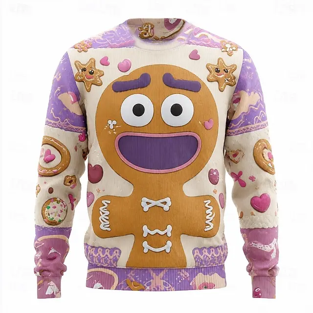 Ugly Christmas Sweater Style 3D All Print Long Sleeve T Shirt Men Women Unisex Funny Gingerbread Man Graphic Xmas Party Holiday