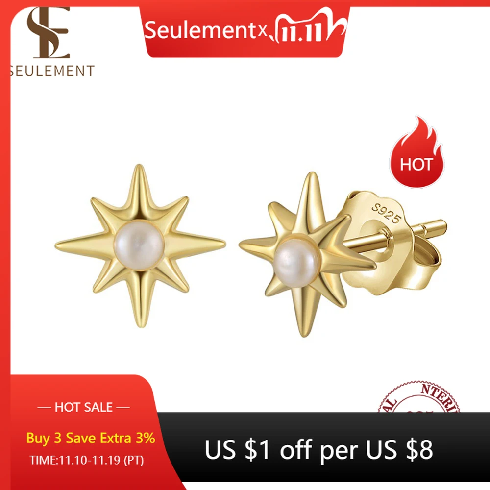 

Seulement Natural Pearl Stud Earrings for Women Girl 925 Sterling Silver Eight Pointed Star Earring Jewelry Ear Accessories