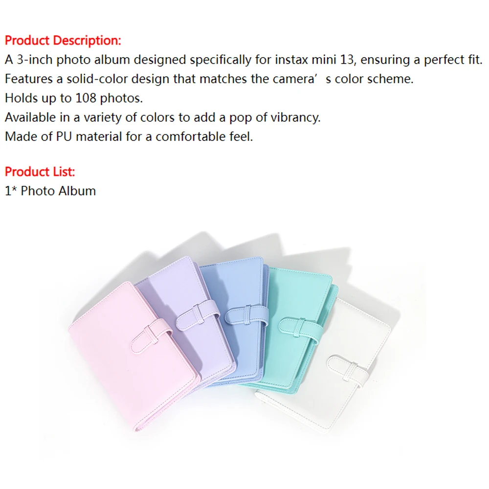 

3-Inch PU Leather Photo Album for Instax Mini 13 Camera, Portable Slip-in Photo Storage Book with 108 Pockets