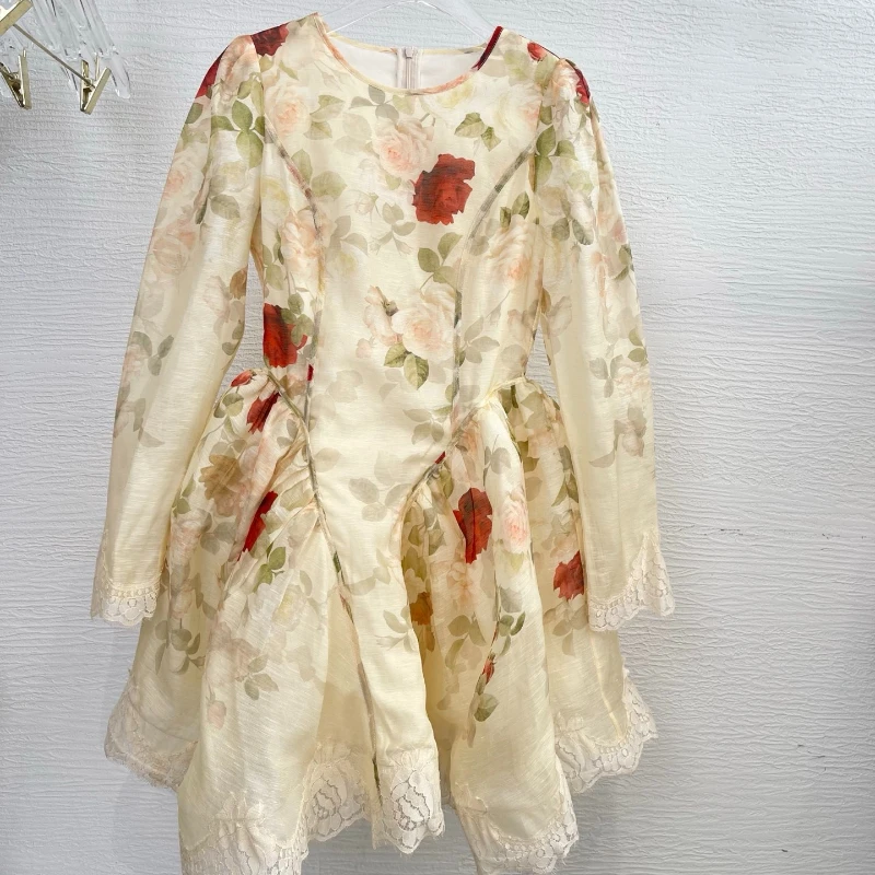 

Beige Rose Floral Print Long Sleeve Mini Dress 2025 New Collection