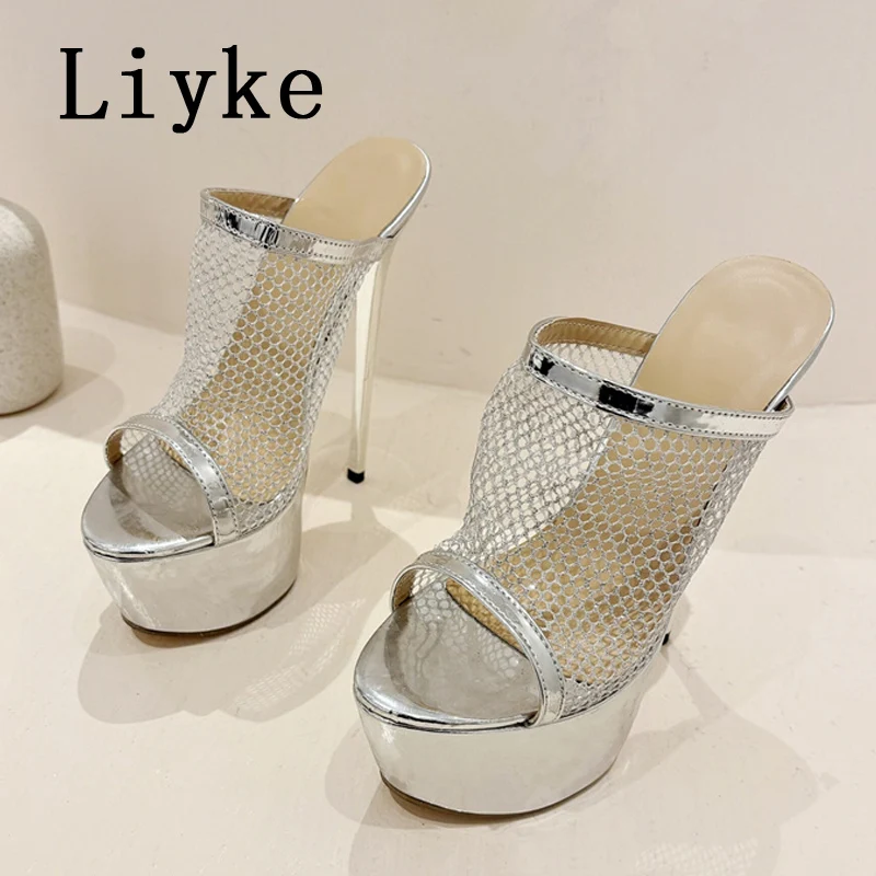 Liyke Summer Fashion Breathable Mesh Peep Toe Extreme High Heels Platform Slippers For Women Sandals Shoes Lady Pumps Slides