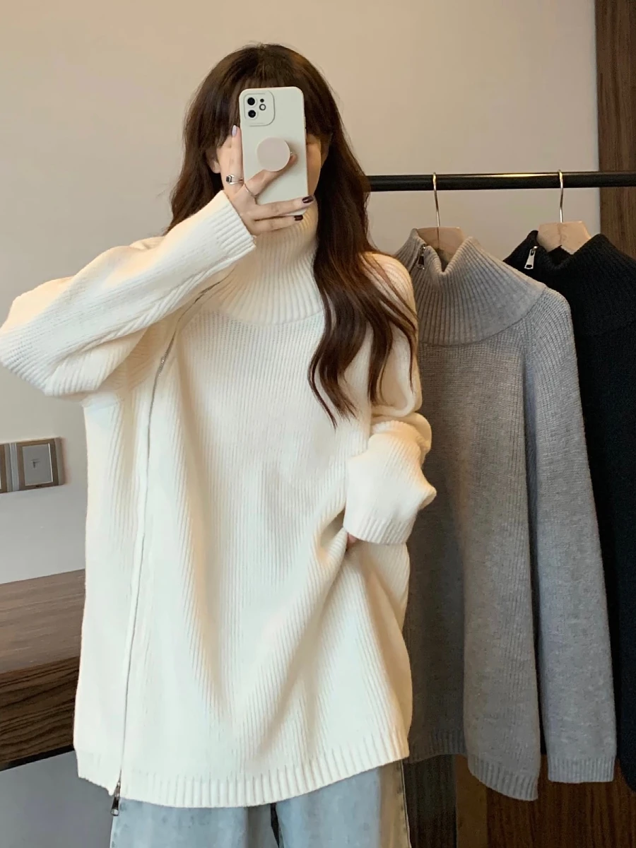 

Женский свитер больших размеров в корейском стиле, свободный, с боковой молнией, высоким воротником, длинными рукавами, однотонный, для повседневной носки