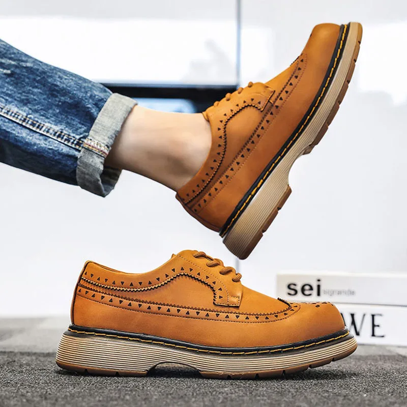 

100% Genuine Leather Shoes Men Footwear Man Brogues Autumn Early Winter Cow Leather Mens Casual Shoes Flat Black Yellow KA4812