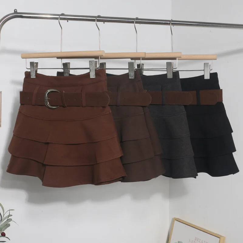 

Осенне-зимняя шерстяная противолегкая короткая юбка-тортик с высокой талией и поясом