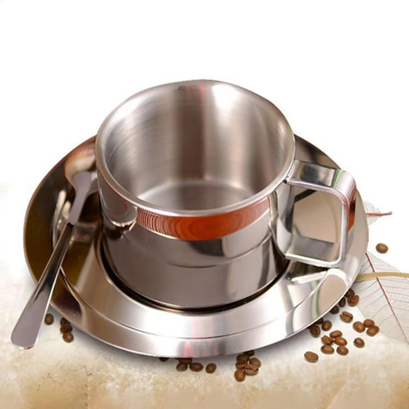 طقم كوب وصحن 200 مل لوازم منزلية مزدوجة الجدار مقاومة للانسكاب مع ملعقة فنجان شاي وصحون لساحة الحديقة الخارجية والحديقة