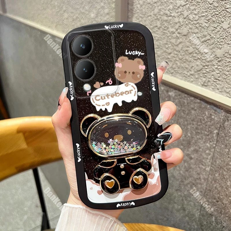 Bear Makeup Mirror Silicone Holder Phone Case For VIVO Y12 Y12S Y12i Y11S Y19 Y17S Y16 Y15S Y51S Y22S Y78Plus Y35Plus Y75 Cover