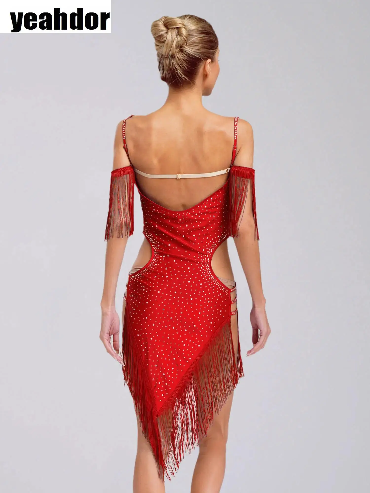

Women Latin Dance Performance Costume Cutout Backless Fringe Rhinestones Cha-Cha Tango Salsa Skating Dancewear Competition Dress