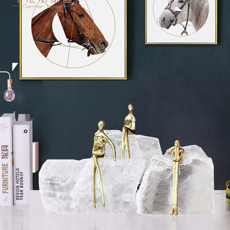 Natural Crystal Stone Mountain Golden Character Ornament Handcraft Sculpture Man Home Decoration