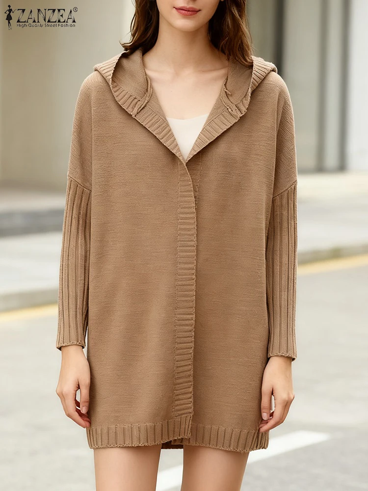 

ZANZEA Autumn Women Knitted Sweaters Long Cardigans Tops 2025 Winter Long Sleeve Solid Hooded Sweaters Hoodies Knitwear Coats