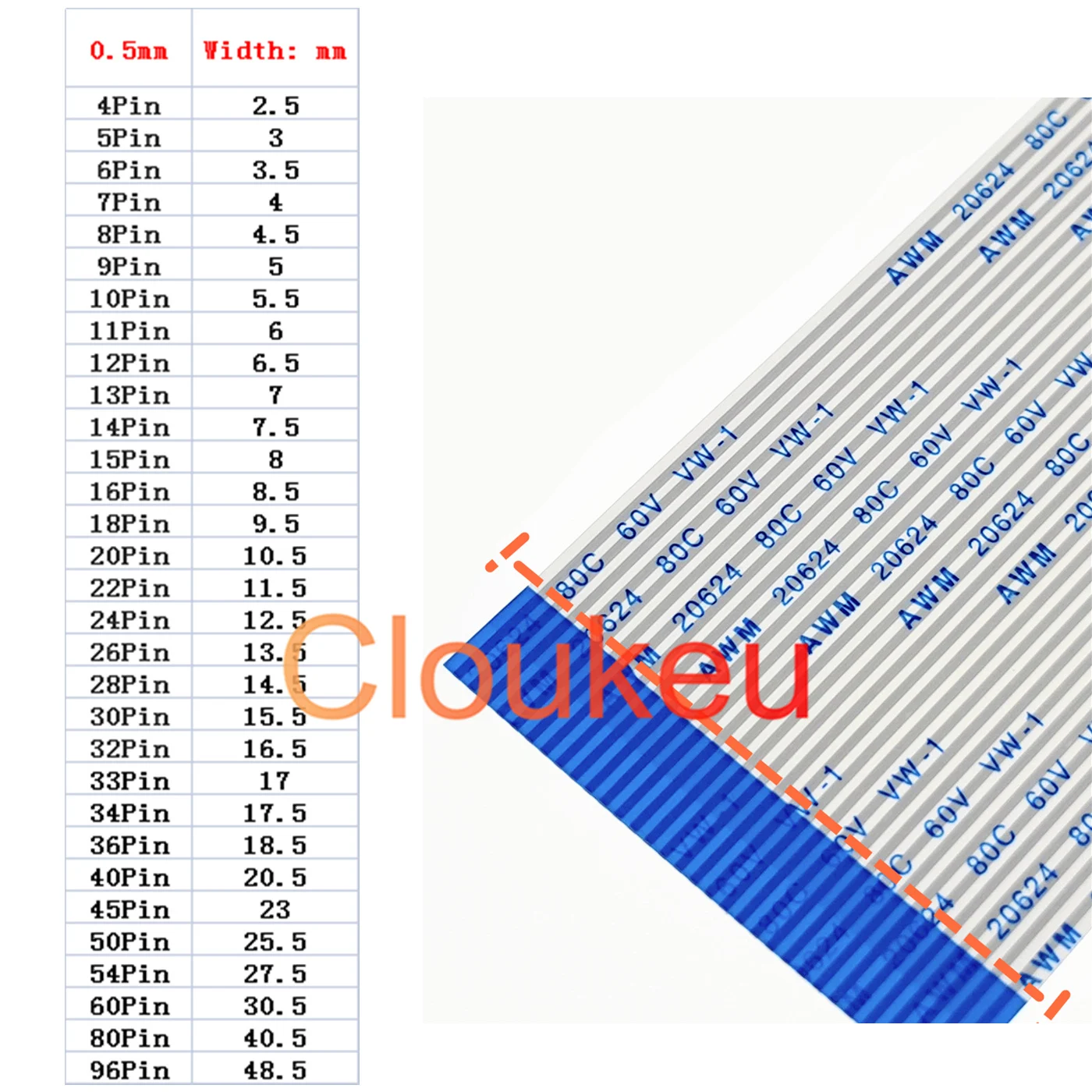 AWM 20624 80C 60V VW-1 FFC FPC flexible flat cable 0.5mm 3cm-50cm 4P-96Pin Type A Same direction interface