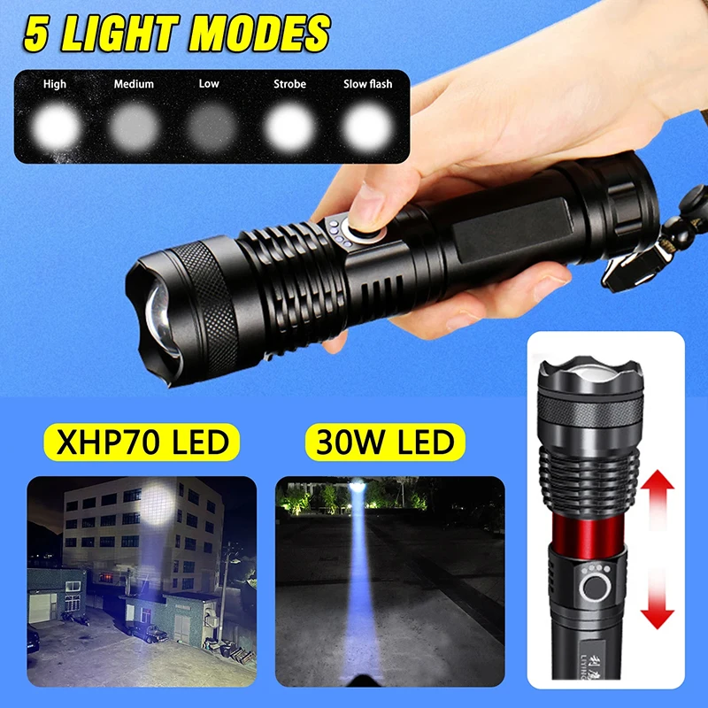 XHP70 Super Powerful Rechargeable Led Flashlight Variable Focus 30W Torch Tactical Lantern Long Shot Torch for Camping Emergency