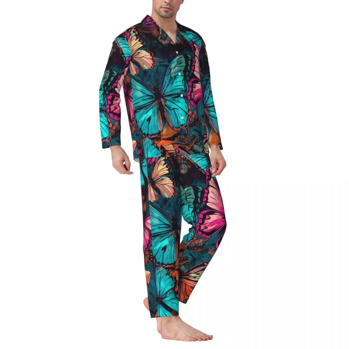 Aquarela borboletas pijamas masculino animal impressão na moda sono pijamas primavera duas peças casual oversize gráfico conjuntos de pijama