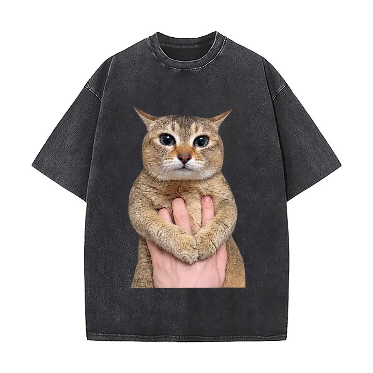 Cute Cat Held In Hand Funny Meme Kitten Photo Washed Distressed Loose Streetwear Tops for City Walks