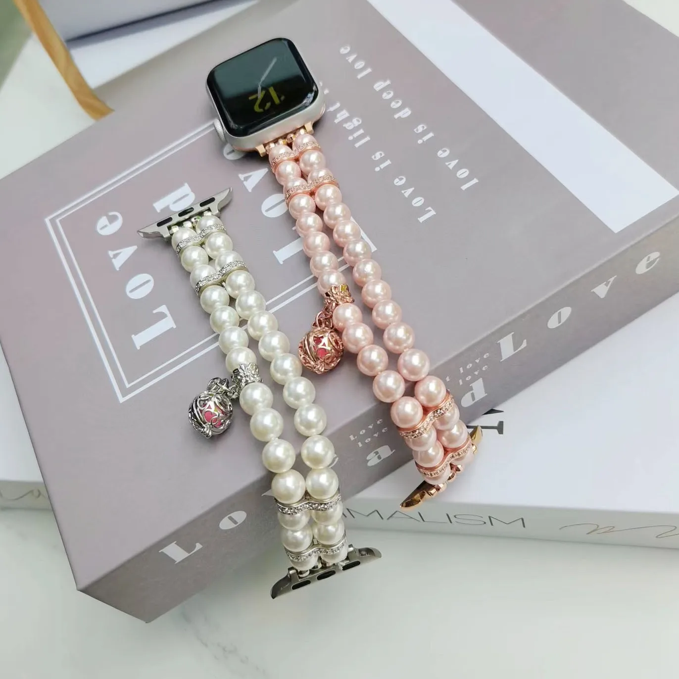 For apple watch11se small fragrant wind double row pearl watchbands for apple perfume ball elastic rope bracelet