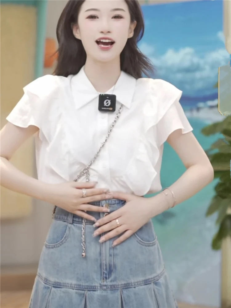 

Korean Style Women's Shirt Summer Fashionable Versatile Youthful Collar Fly Sleeve Hemmed Blouse Straight Cut Short Sleeve